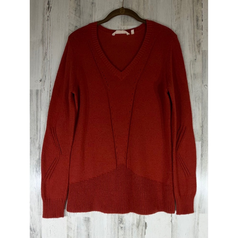 Soft Surroundings Sweater Medium Rust Orange V-Neck Pointelle Cotton Blend READ